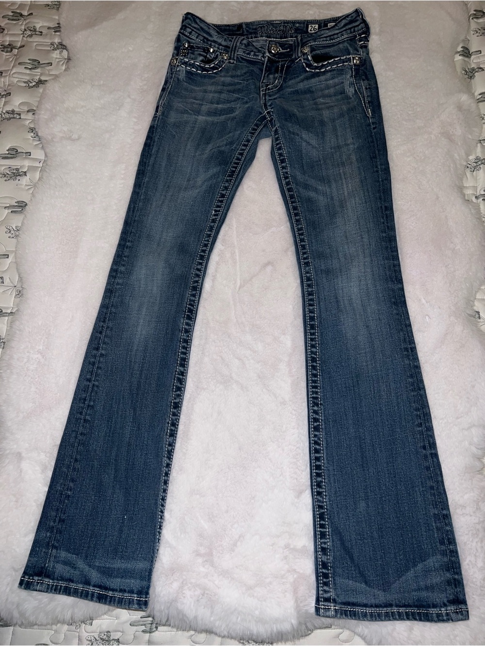 Miss Me Medium Dark Blue Bootcut Jeans with Embellished Pockets
